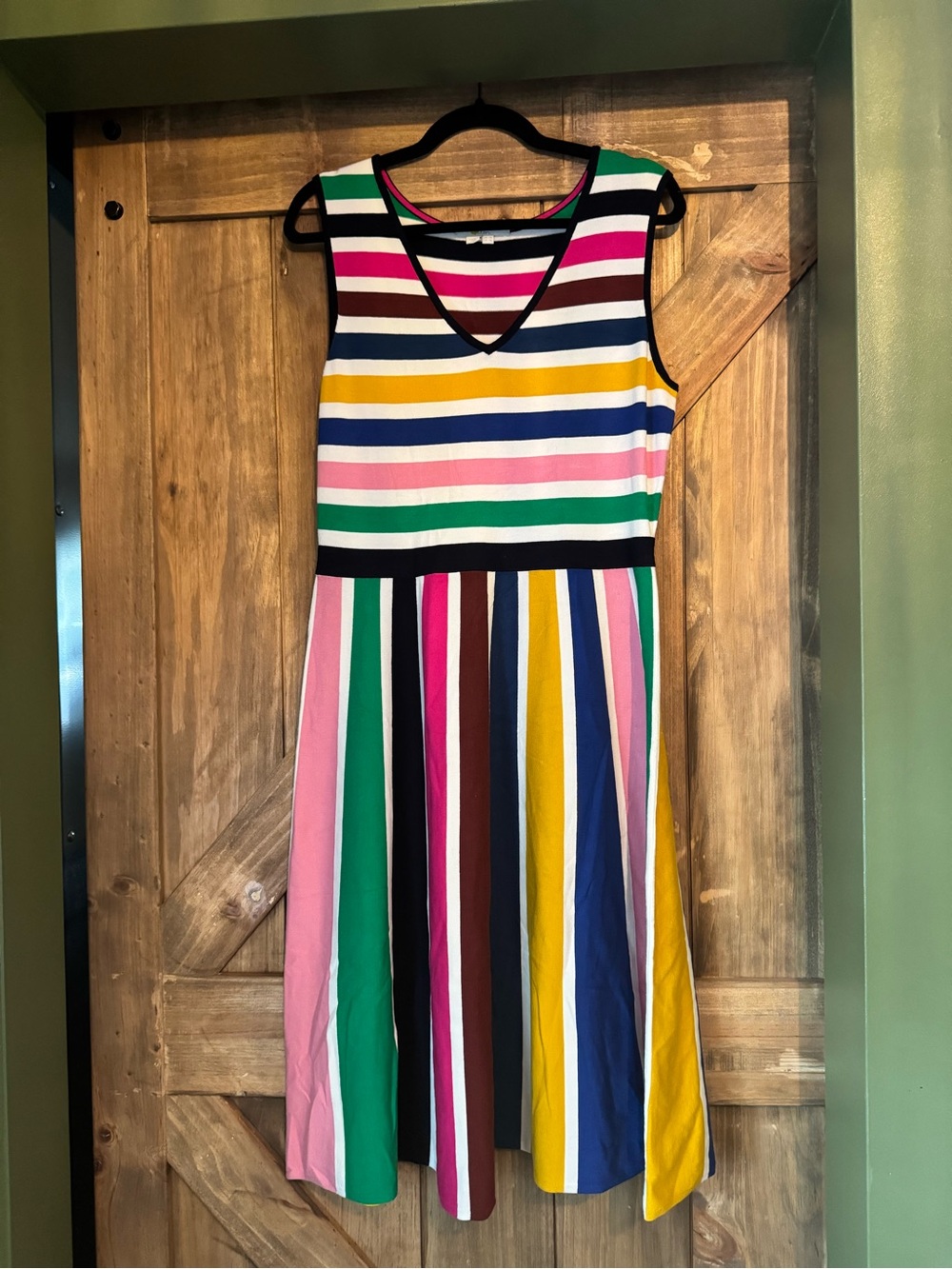 Boden Bold Striped V-Neck Dress in Pink, Navy, White & Green